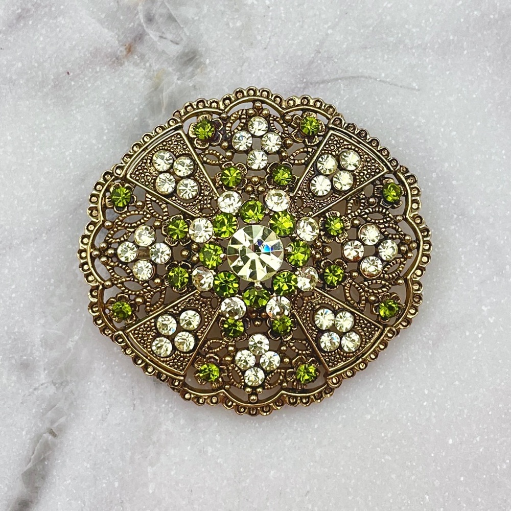 Vintage 1950s Green Rhinestone Floral Brooch Pendant Gold Tone Signed